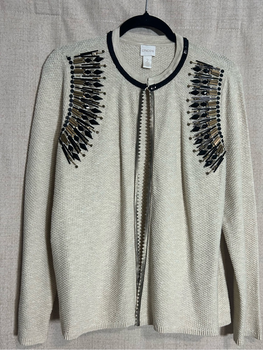 Chico's Cream Embellished Open Cardigan Sweater..